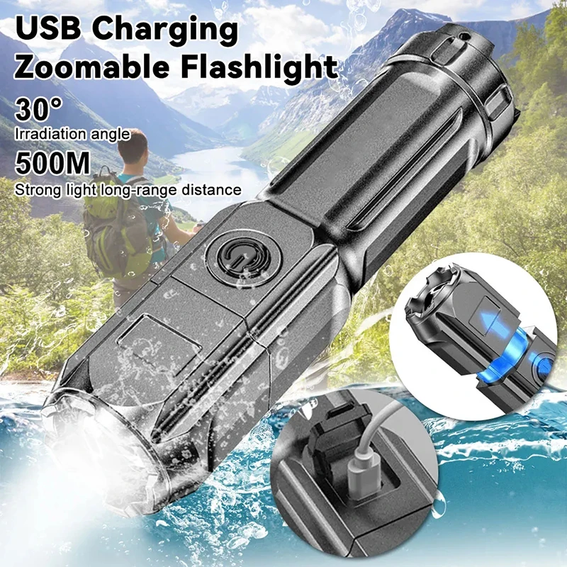 S4466a87626a74b39abb561483a588aa1E.webp Powerful LED Flashlight USB Rechargeable Torch Portable Zoomable Camping Light 3 Lighting Modes For Outdoor Hiking Emergency - Image 1