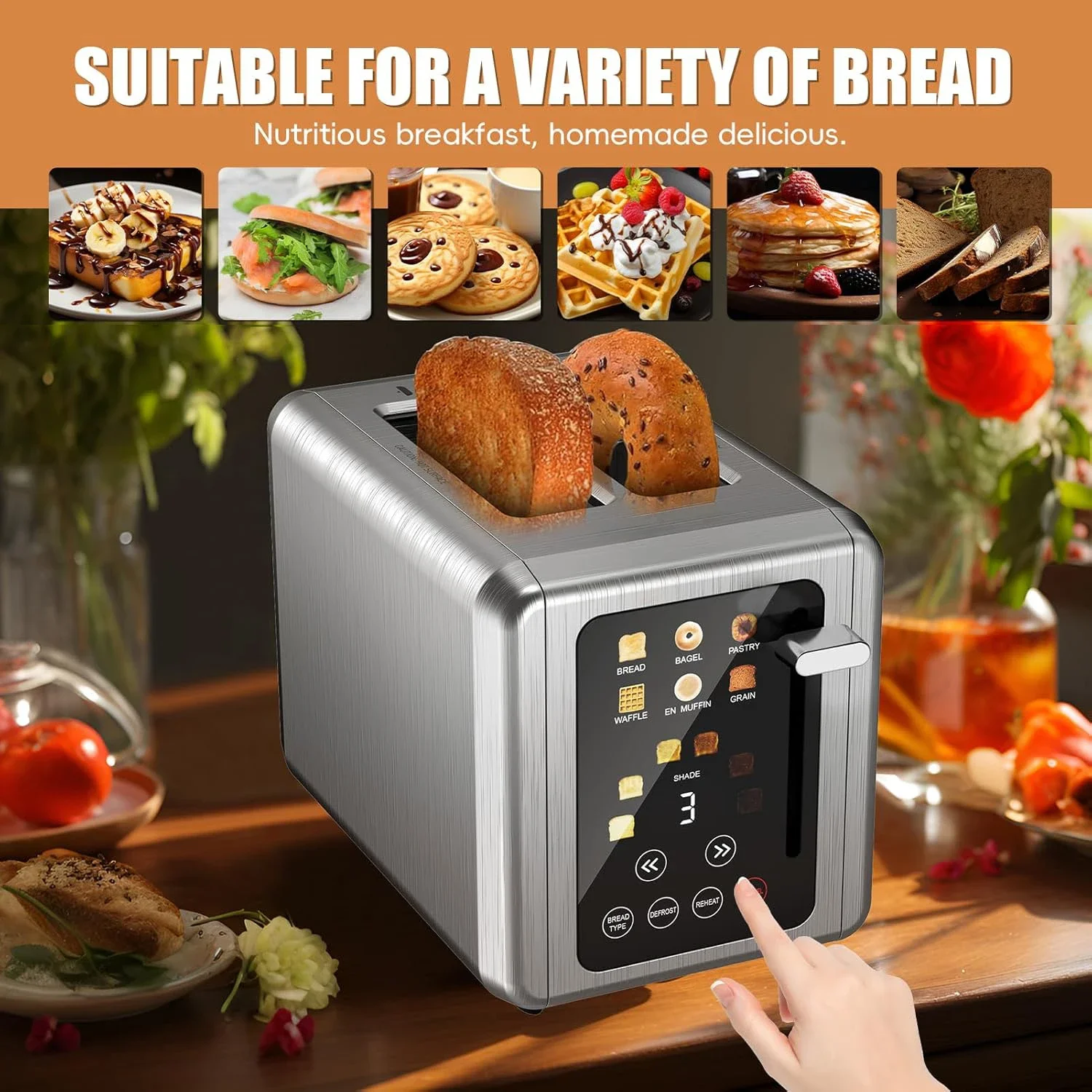 S6be8db879ac0455bbab6a98b3ede035bw.webp Stainless Steel Toaster, Touch Screen, 2-Slice Automatic Home Bread Toaster, 6 Browning Levels for Breakfast Machine - Image 1