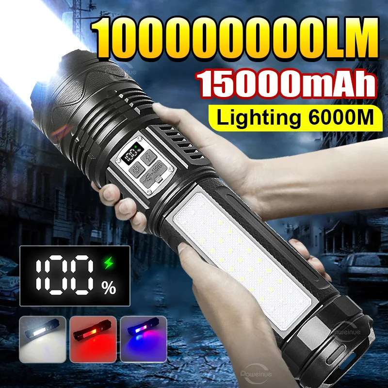 S6ddceb7b2eac4553bdd59cd52b4a1355b.webp 1000000LM Most Powerful LED Flashlight Rechargeable Type-c Flashlight Long Range 6000M Tactical Torch Light For Fishing Hunting - Image 1