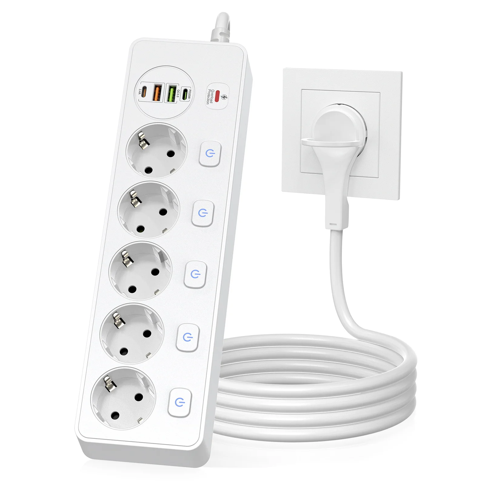 S902f04a75cb44a2aa4d9f70c3cf6d25bV.webp European plug Smart Power Strip with Multi USB Port Type-C, Independent Control Socket 2 meters Cable with Overload Protection - Image 1