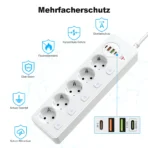 European plug Smart Power Strip with Multi USB Port Type-C, Independent Control Socket 2 meters Cable with Overload Protection - Image 4