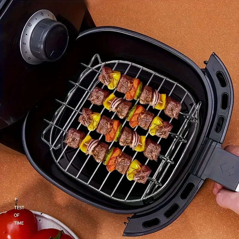 Sdf23669daac34a349c6c7c444ea5ea9bW.webp 20cm/7.87in Air Fryer Square Grill Stainless Steel, with 4 Barbecue Skewers Grill, Air Fryer Accessories, Cooking Rack, Kitchen - Image 1